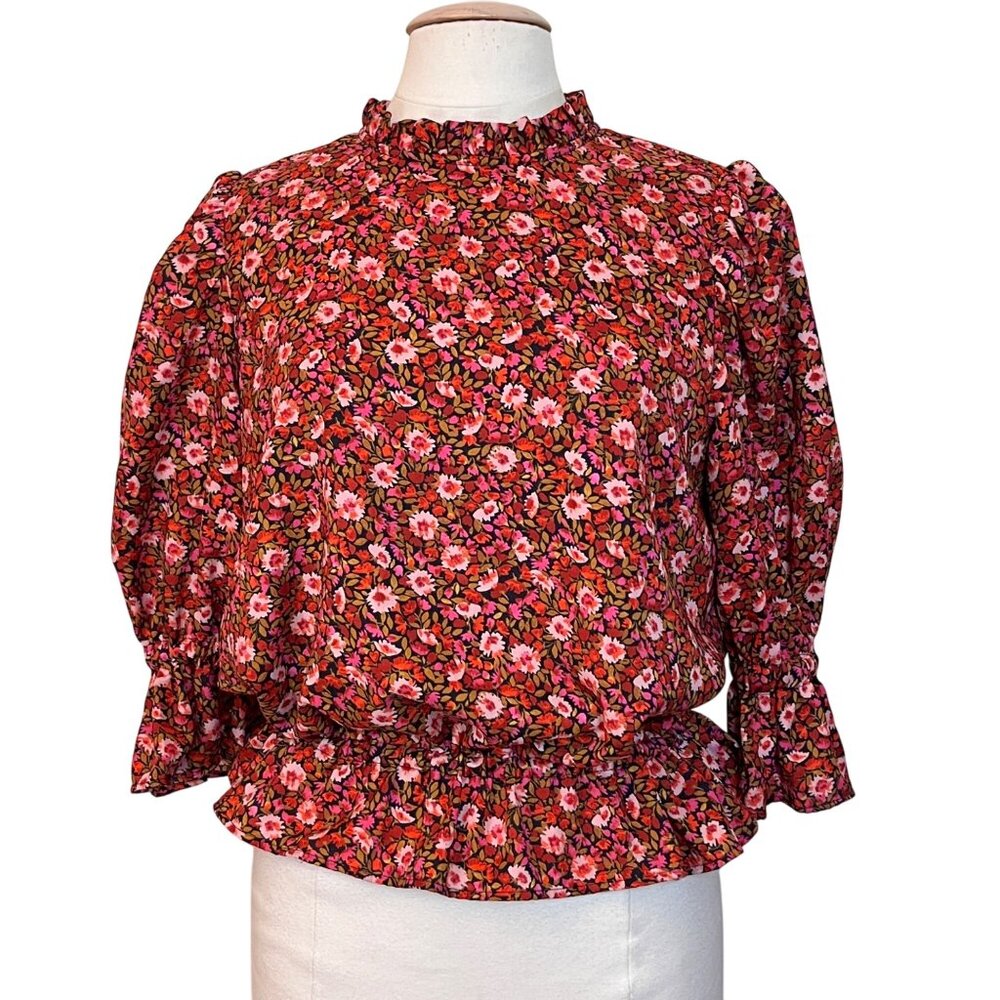 Ann Taylor Womens Floral Ruffle Neck Smock Prairie Boho‎ Cottagecore Blouse M